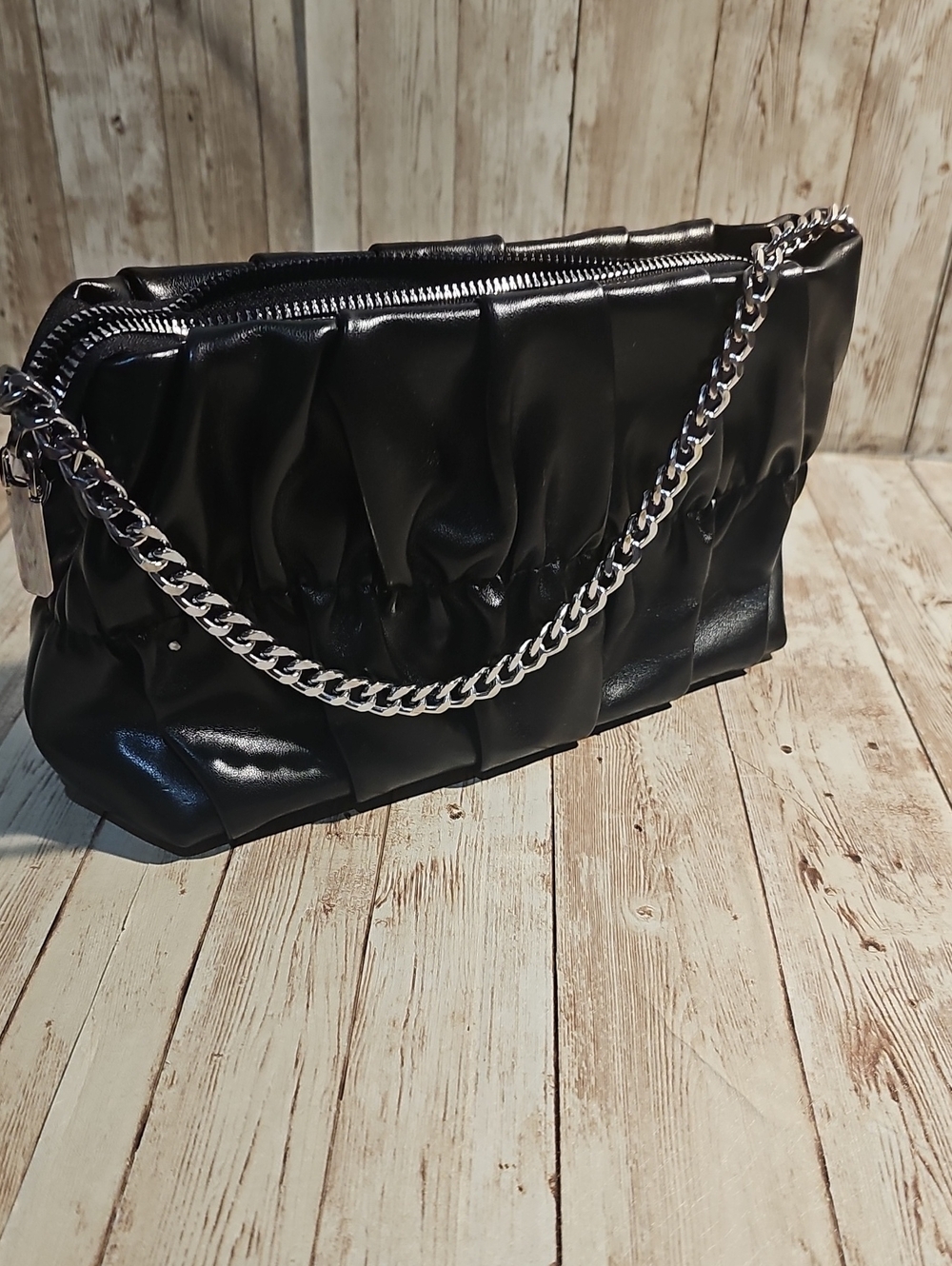 Black Ruched Chain-Handle Shoulder Bag